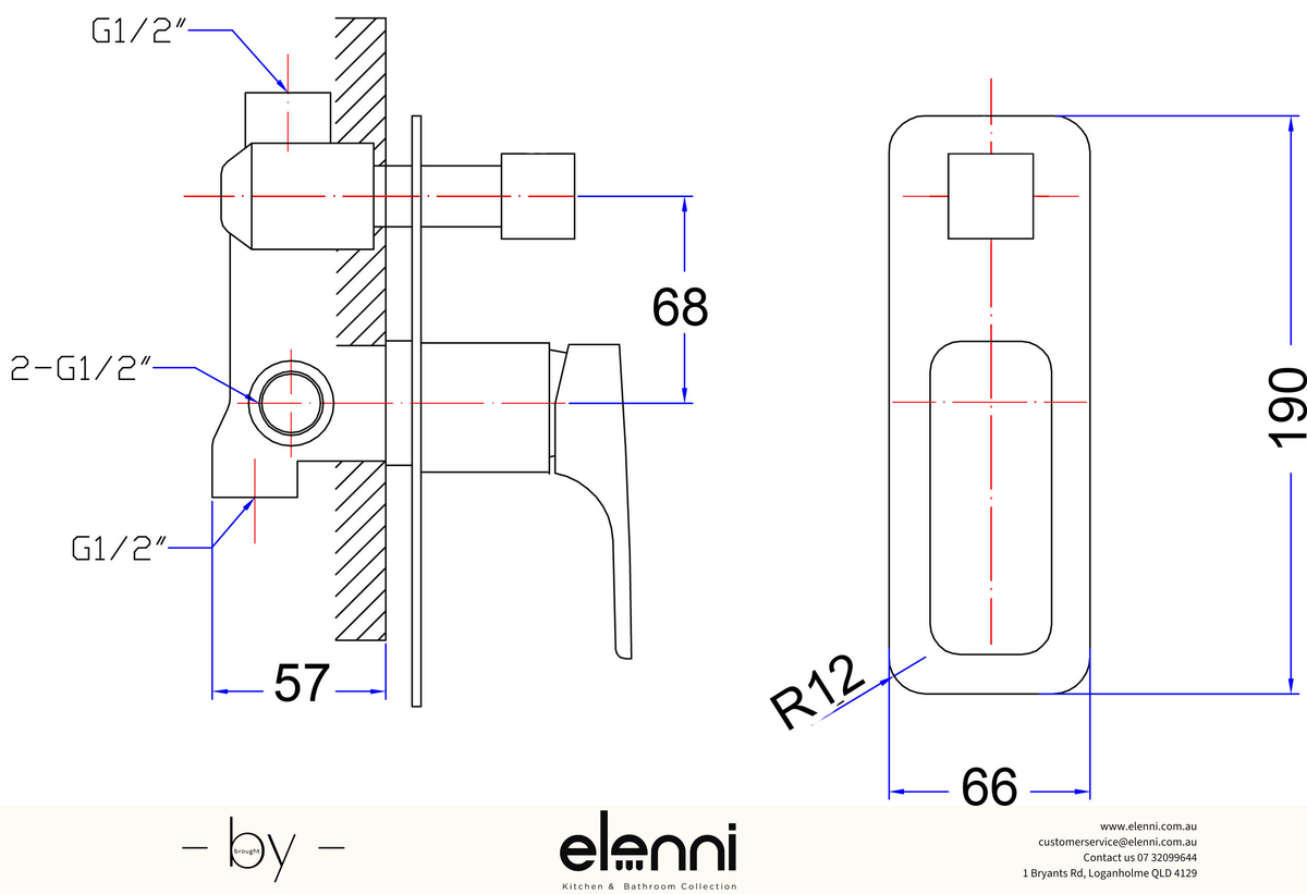 Eden Wall Mixer Diverter - Elenni specification drawing