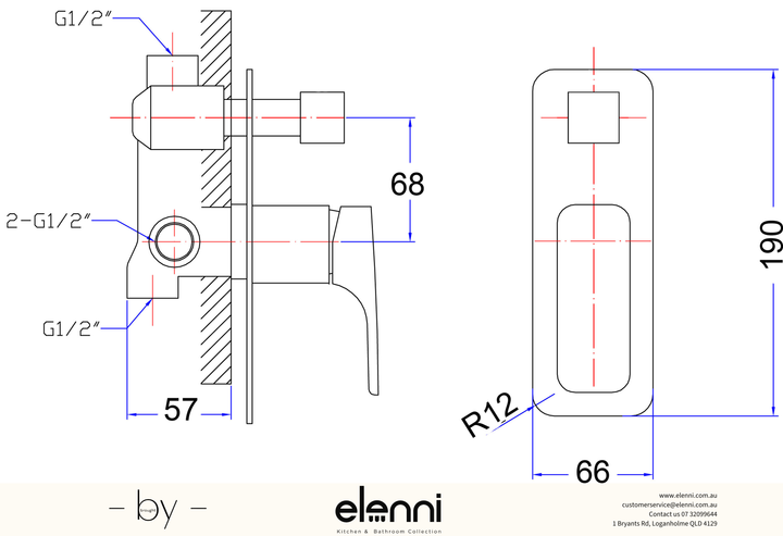 Eden Wall Mixer Diverter - Elenni specification drawing