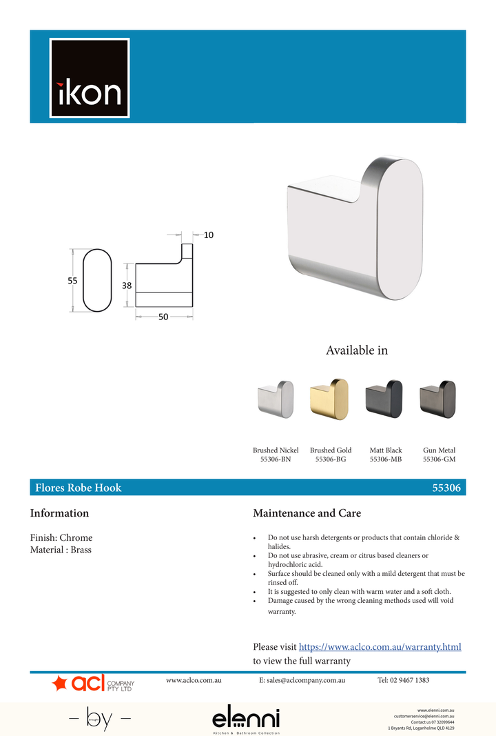 Flores Robe Hook - Elenni specification drawing