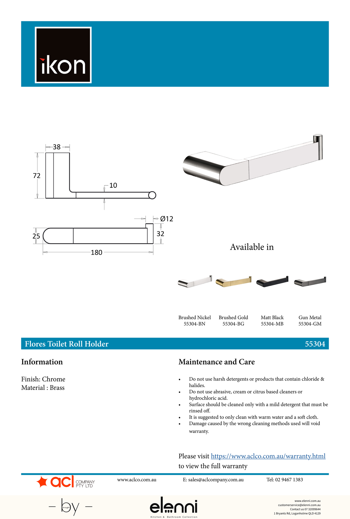 Flores Toilet Roll Holder - Elenni specification drawing