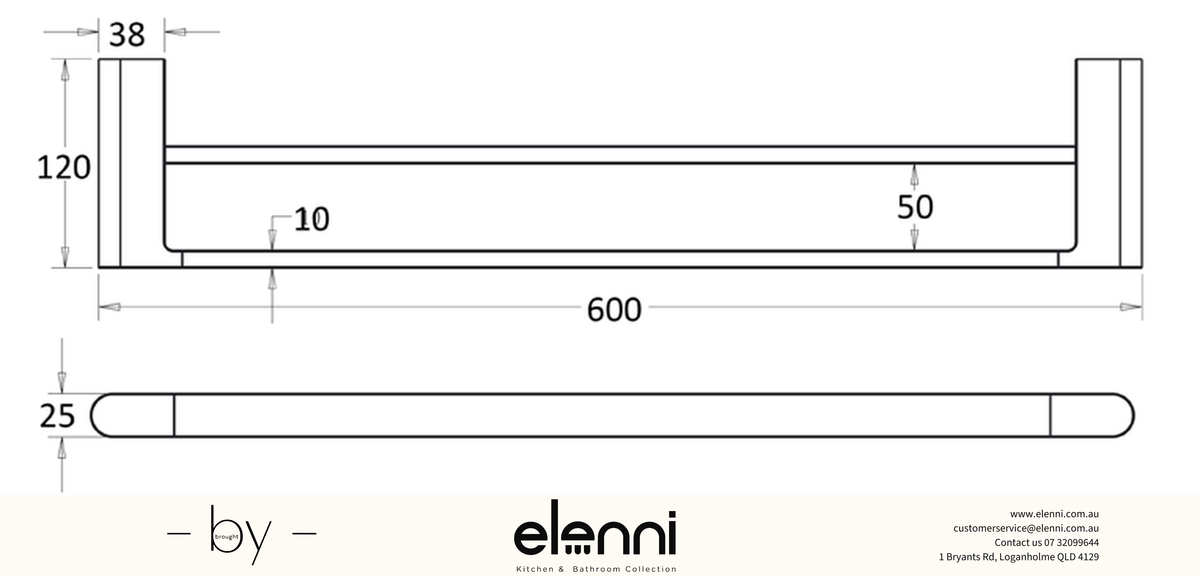 Flores Towel Rail Double 600mm - Elenni specification drawing