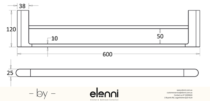 Flores Towel Rail Double 600mm - Elenni specification drawing