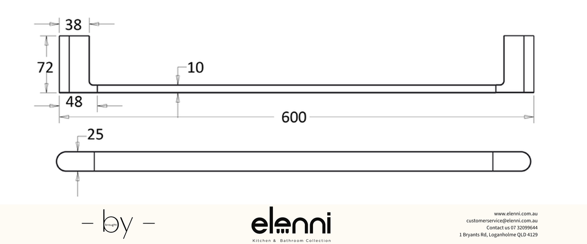 Flores Towel Rail Single 600mm - Elenni specification drawing