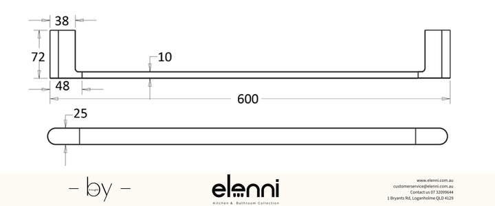 Flores Towel Rail Single 600mm - Elenni specification drawing