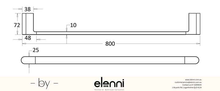 Flores Towel Rail Single 800mm - Elenni specification drawing