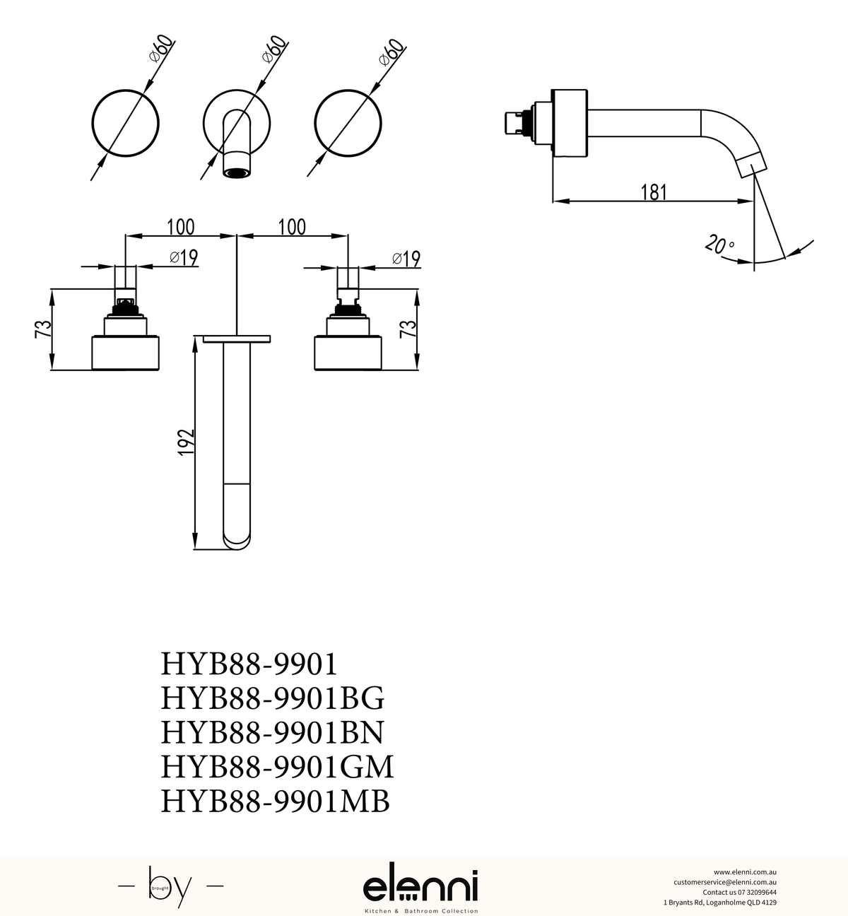 Hali 1/4 Turn C/D Wall Basin Set - Elenni specification drawing