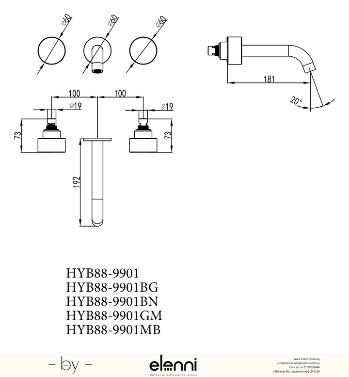 Hali 1/4 Turn C/D Wall Basin Set - Elenni specification drawing