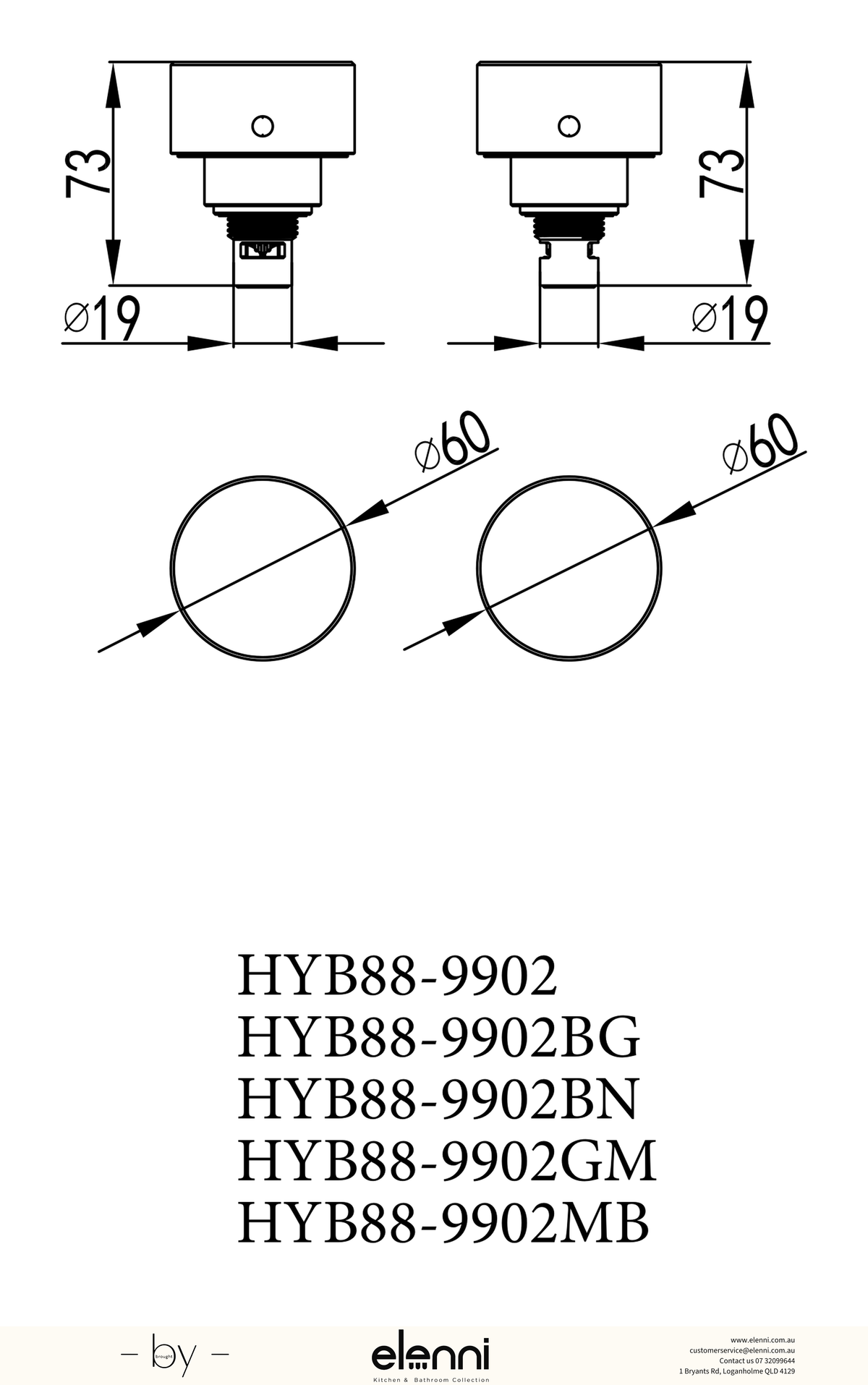 Hali 1/4 Turn C/D Wall Top Assembly - Elenni specification drawing
