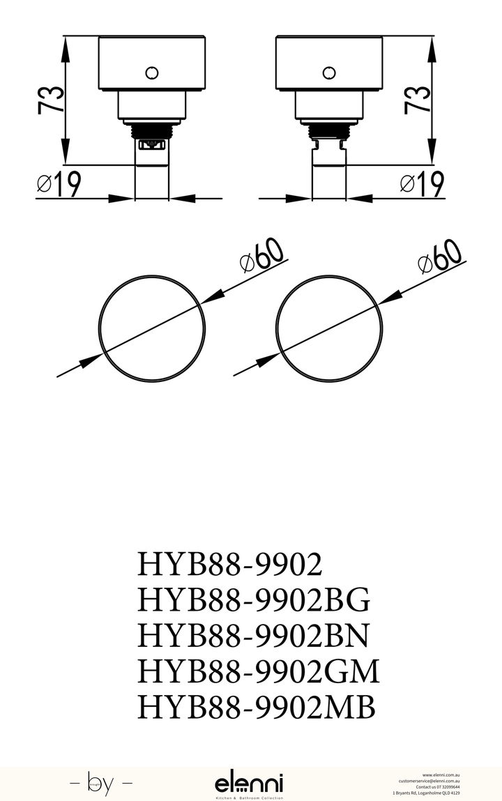 Hali 1/4 Turn C/D Wall Top Assembly - Elenni specification drawing