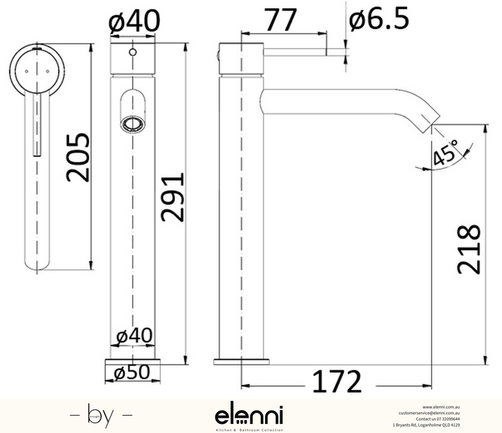 Hali Basin Mixer High Rise - Elenni specification drawing