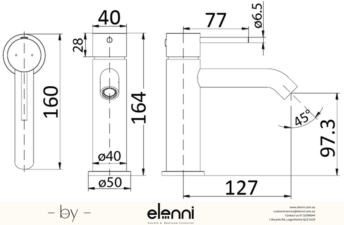 Hali Basin Mixer - Elenni specification drawing