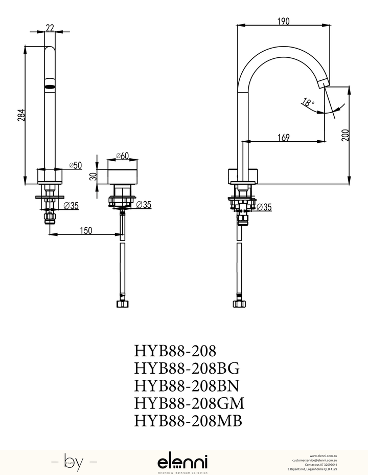 Hali Hob Basin Mixer - Elenni specification drawing