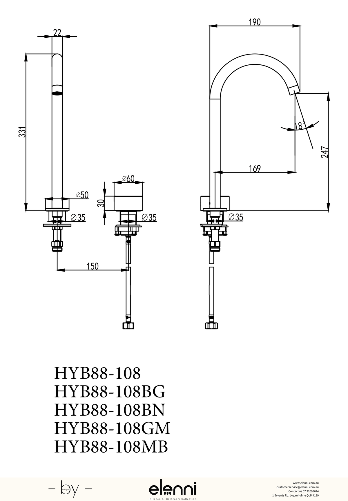 Hali Hob Sink Mixer - Elenni specification drawing