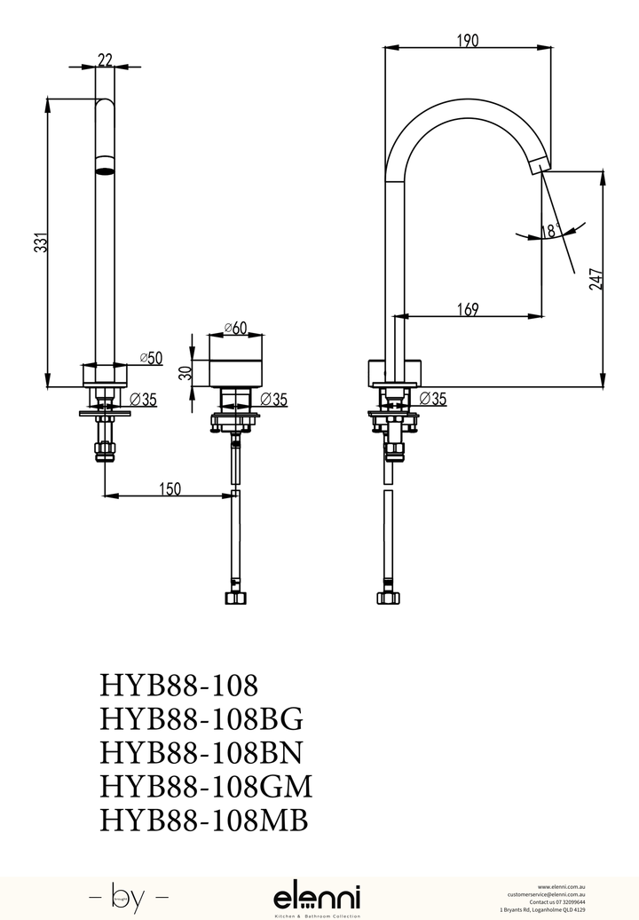 Hali Hob Sink Mixer - Elenni specification drawing