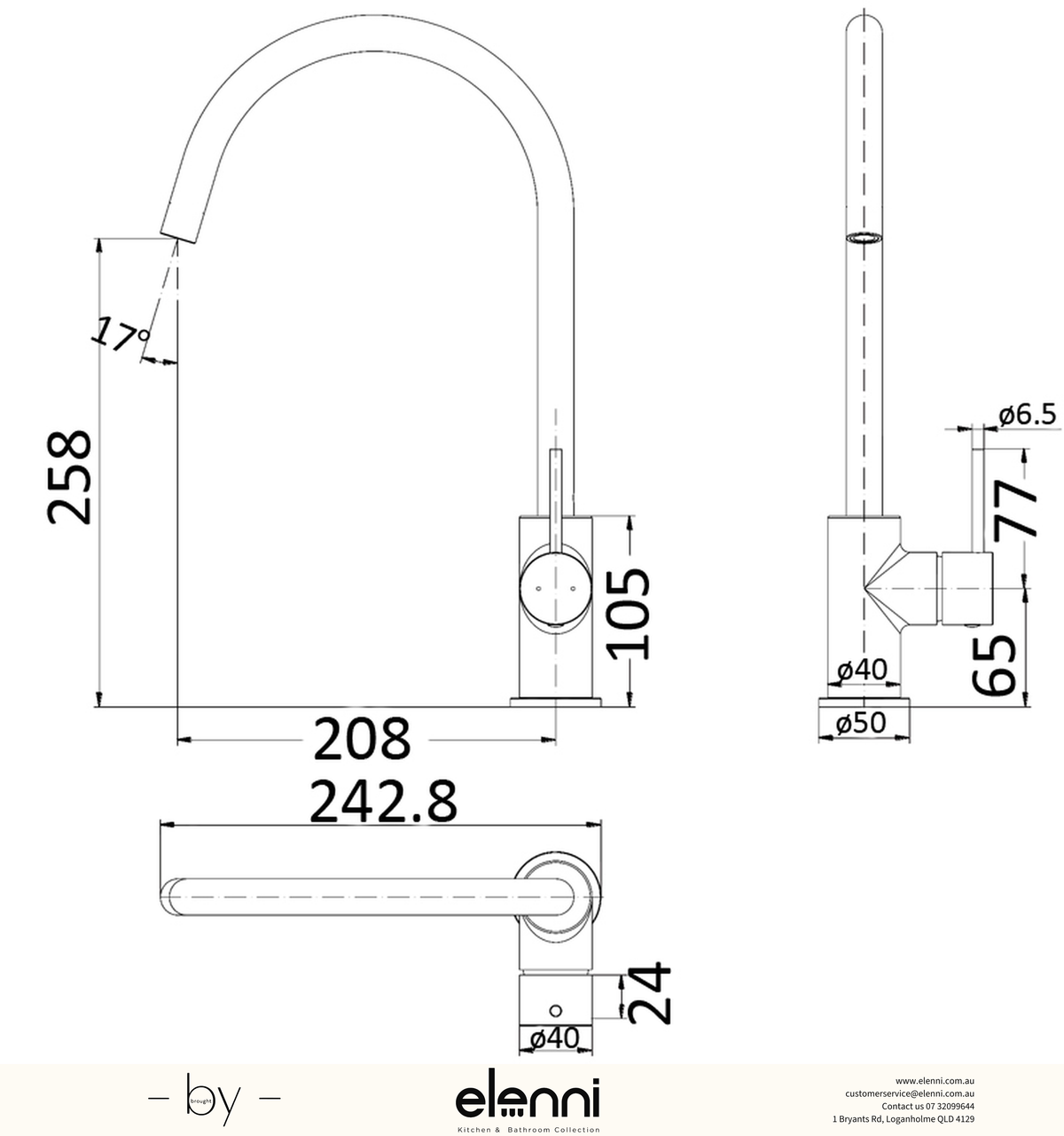 Hali Sink Mixer - Elenni specification drawing
