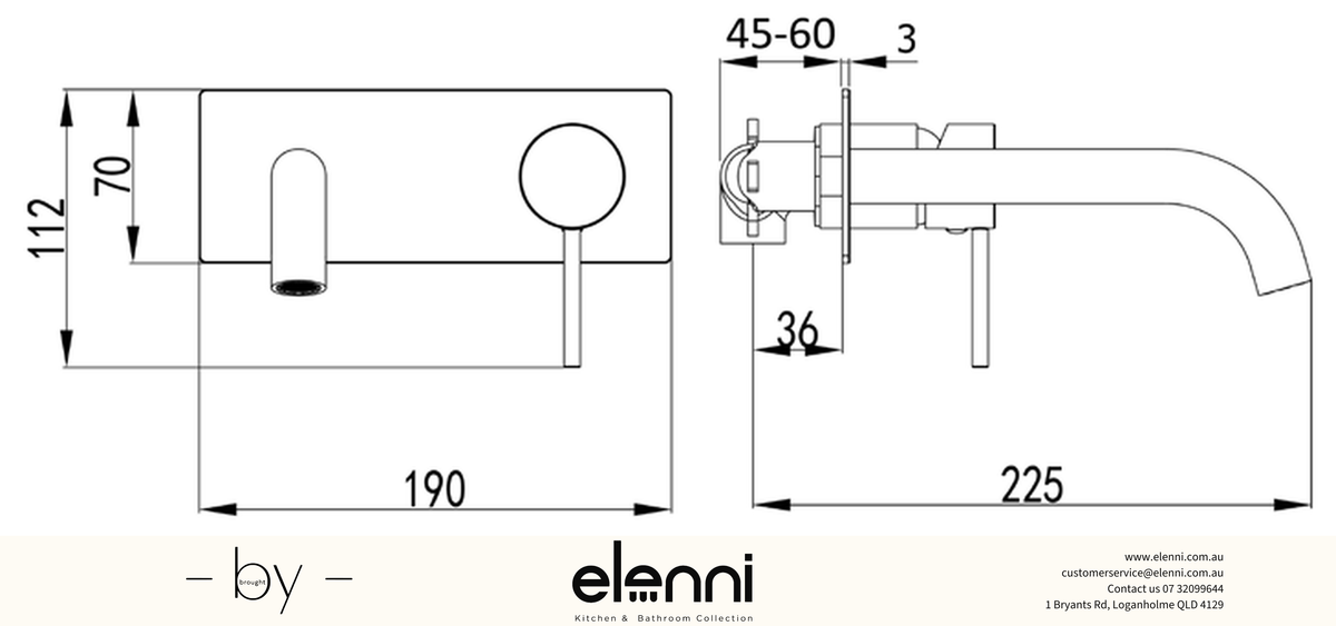 Hali Wall Basin Mixer Curved Spout - Elenni specification drawing