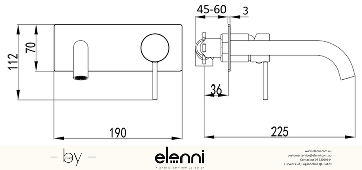 Hali Wall Basin Mixer Curved Spout - Elenni specification drawing