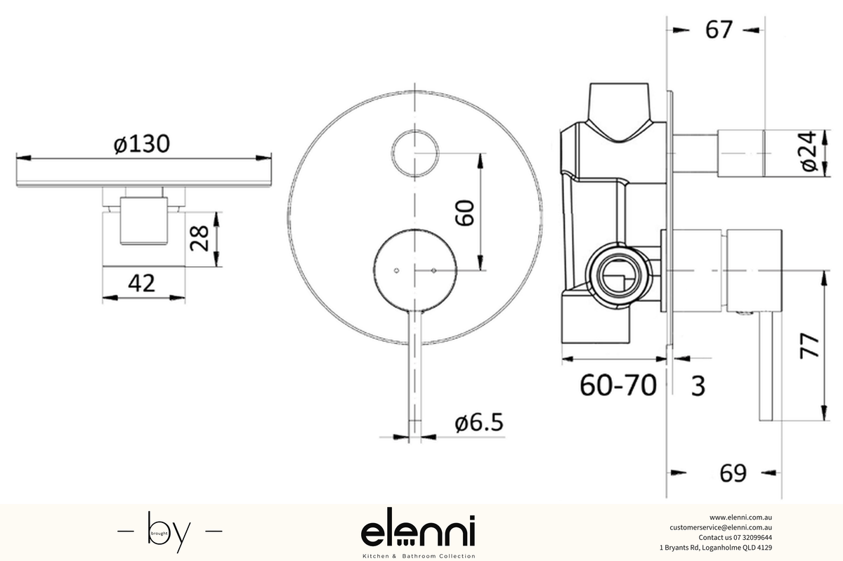 Hali Wall Mixer Diverter - Elenni specification drawing