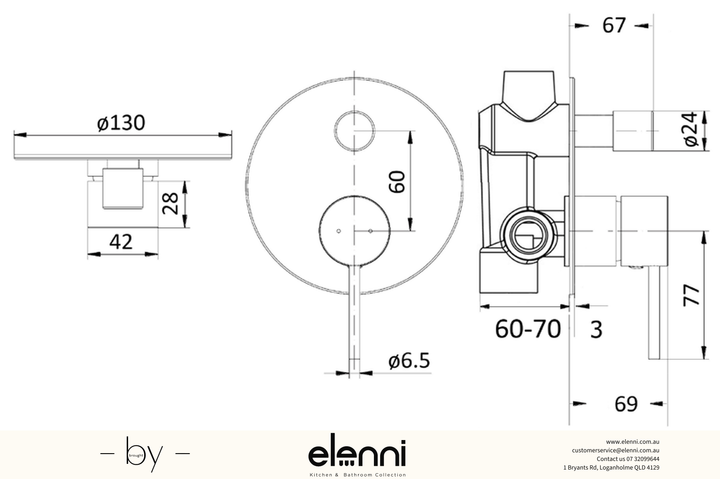 Hali Wall Mixer Diverter - Elenni specification drawing