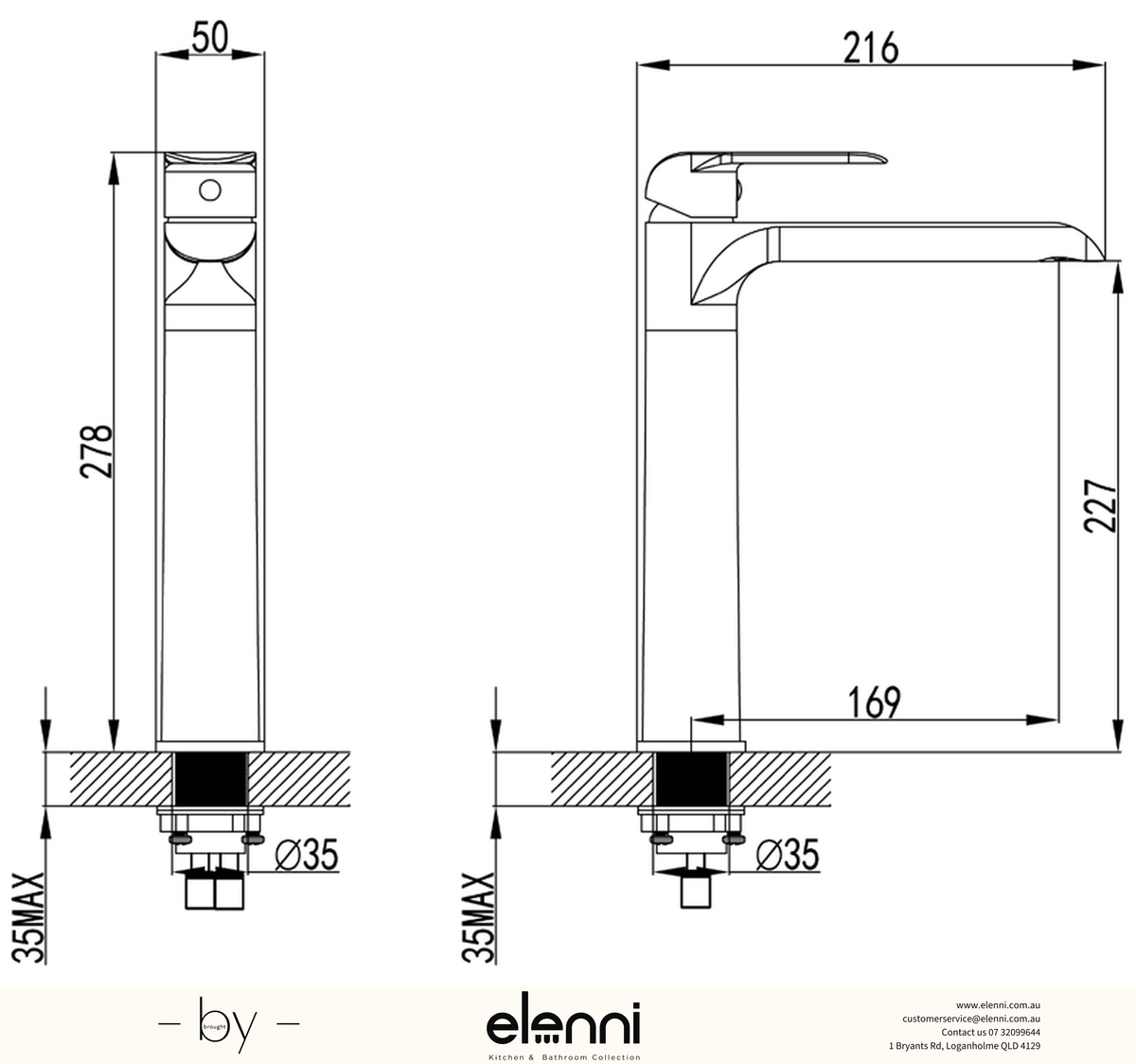 Kara Basin Mixer High Rise - Elenni specification drawing