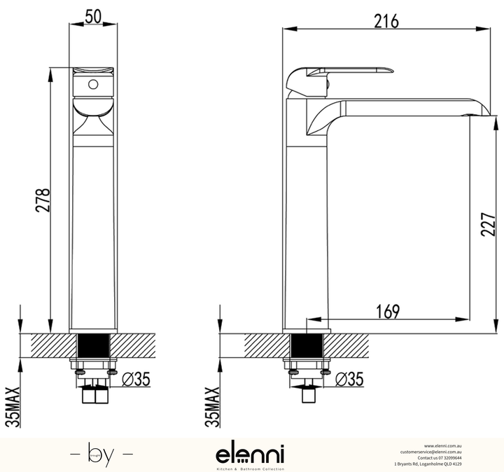 Kara Basin Mixer High Rise - Elenni specification drawing
