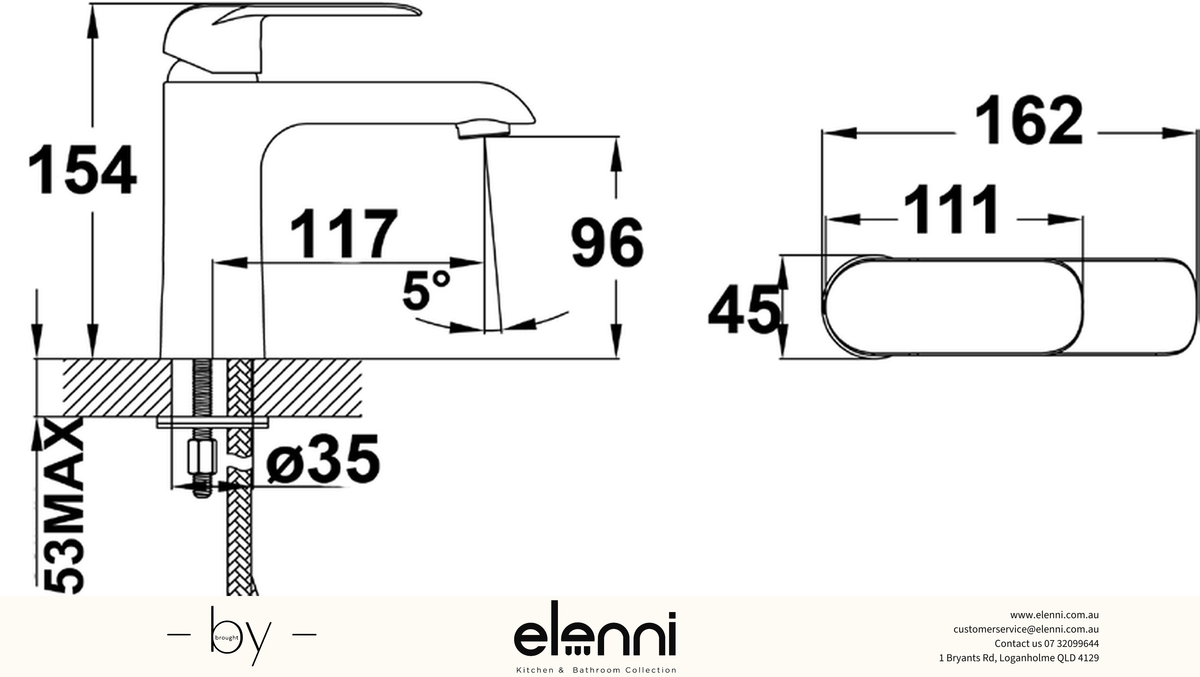 Kara Basin Mixer - Elenni specification drawing