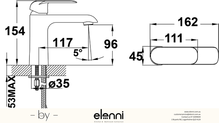 Kara Basin Mixer - Elenni specification drawing