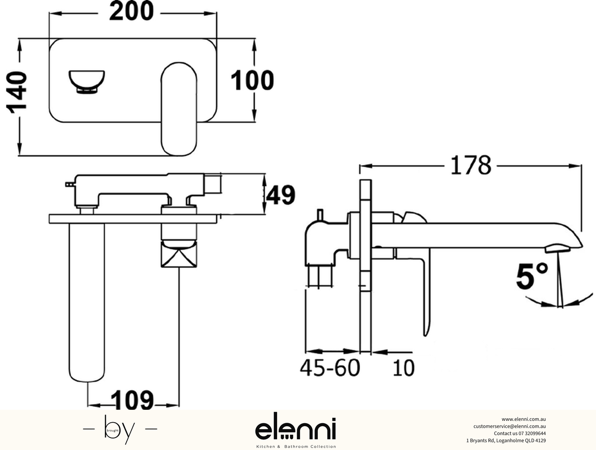 Kara Wall Basin Mixer - Elenni specification drawing