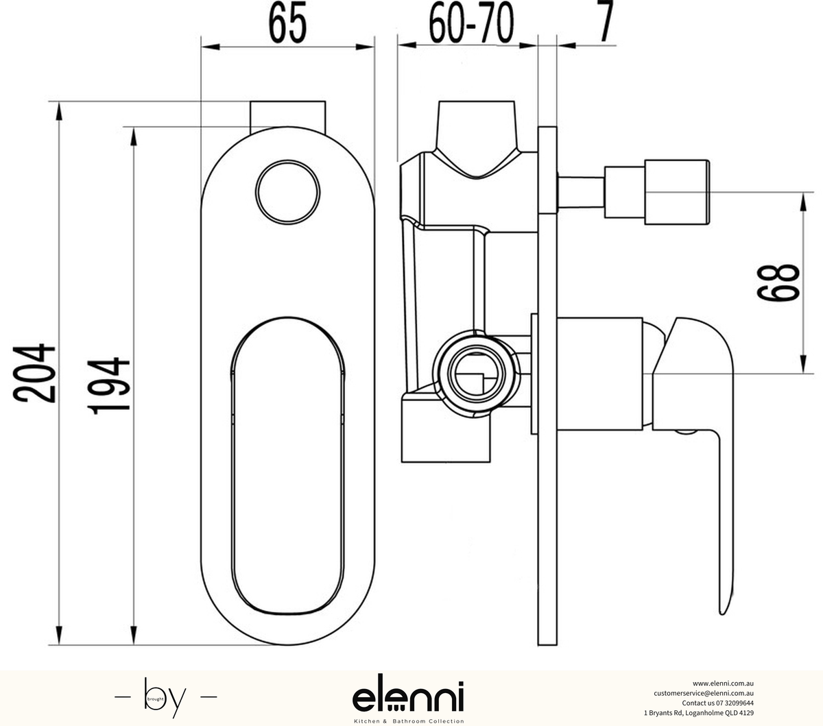 Kara Wall Mixer Diverter - Elenni specification drawing