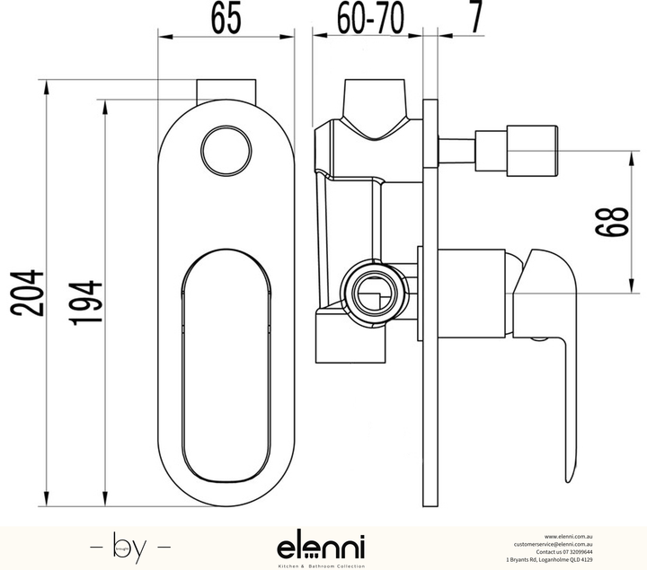 Kara Wall Mixer Diverter - Elenni specification drawing