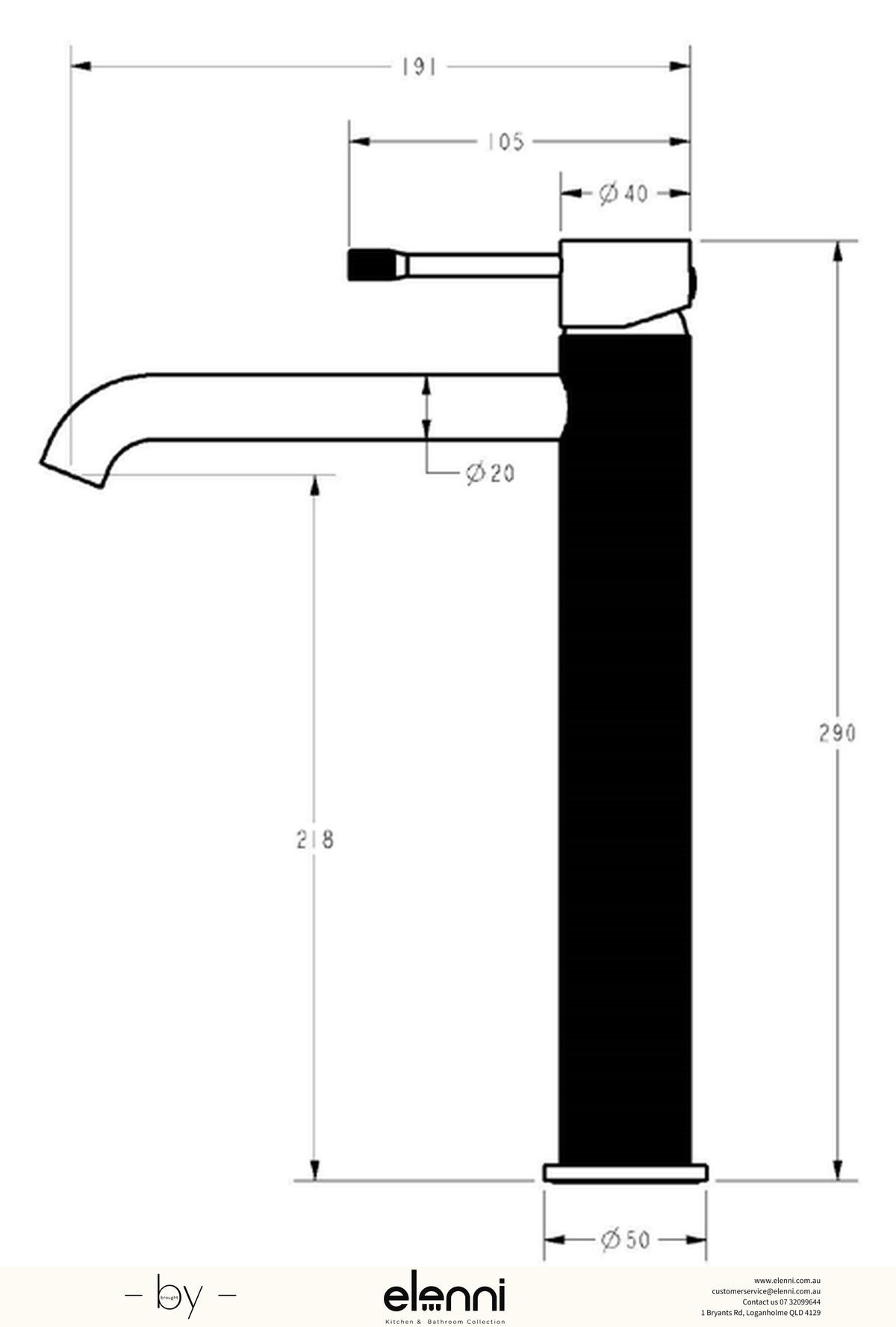 Linie Basin Mixer High Rise - Elenni specification drawing