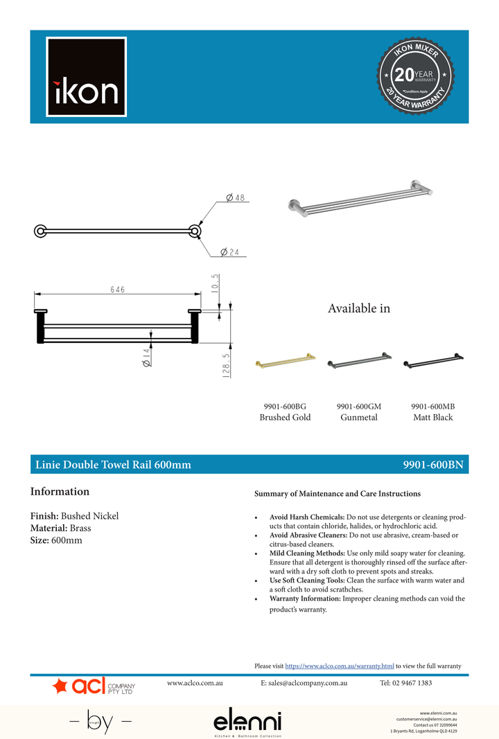 Linie Double Towel Rail 600mm - Elenni specification drawing