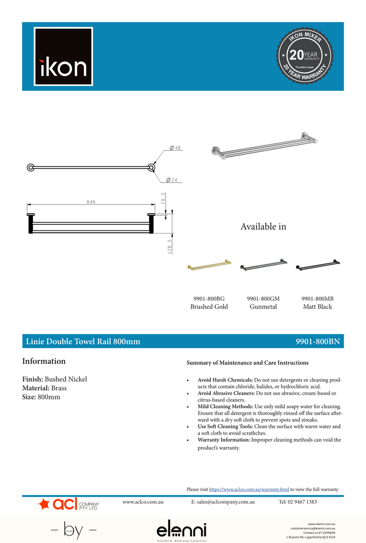 Linie Double Towel Rail 800mm - Elenni specification drawing