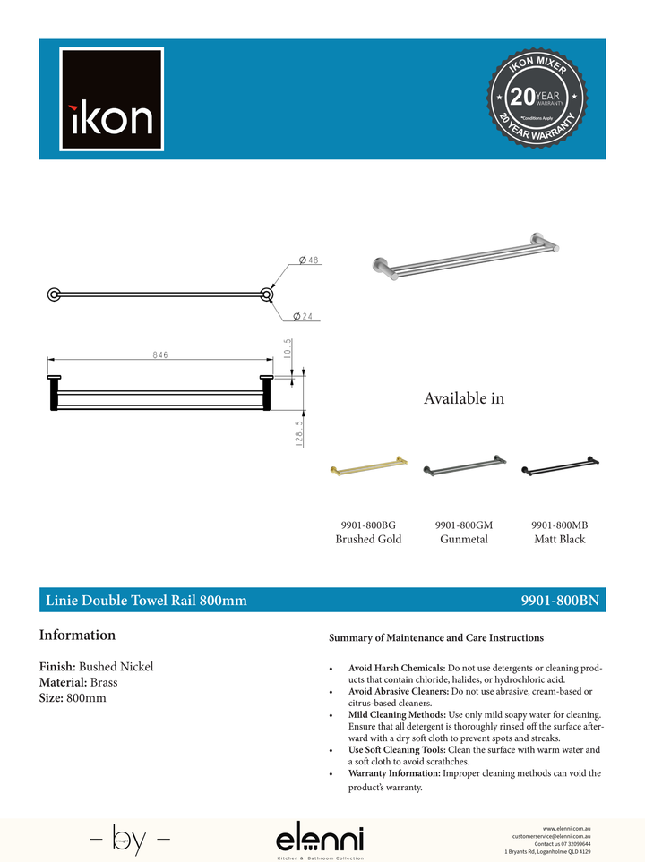 Linie Double Towel Rail 800mm - Elenni specification drawing