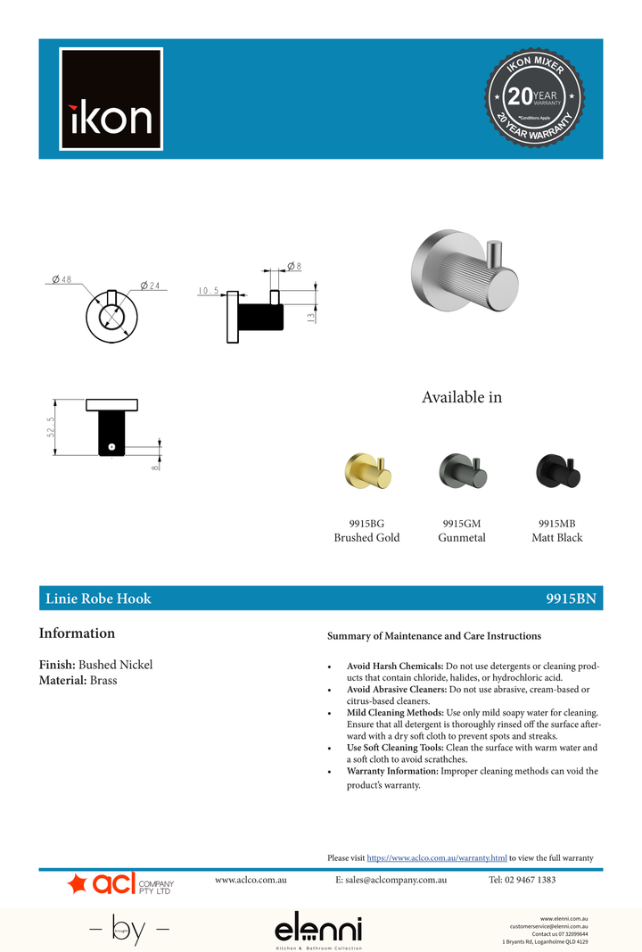 Linie Robe Hook - Elenni specification drawing
