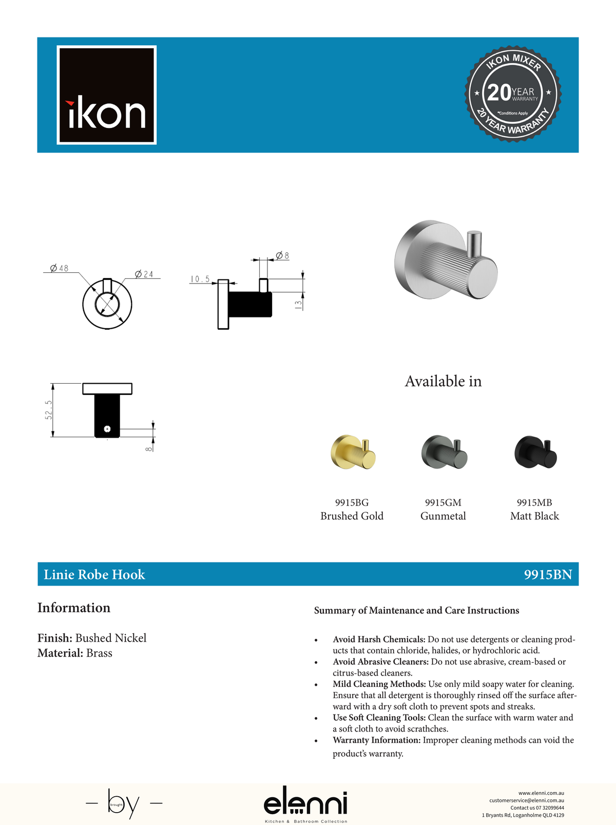 Linie Robe Hook - Elenni specification drawing
