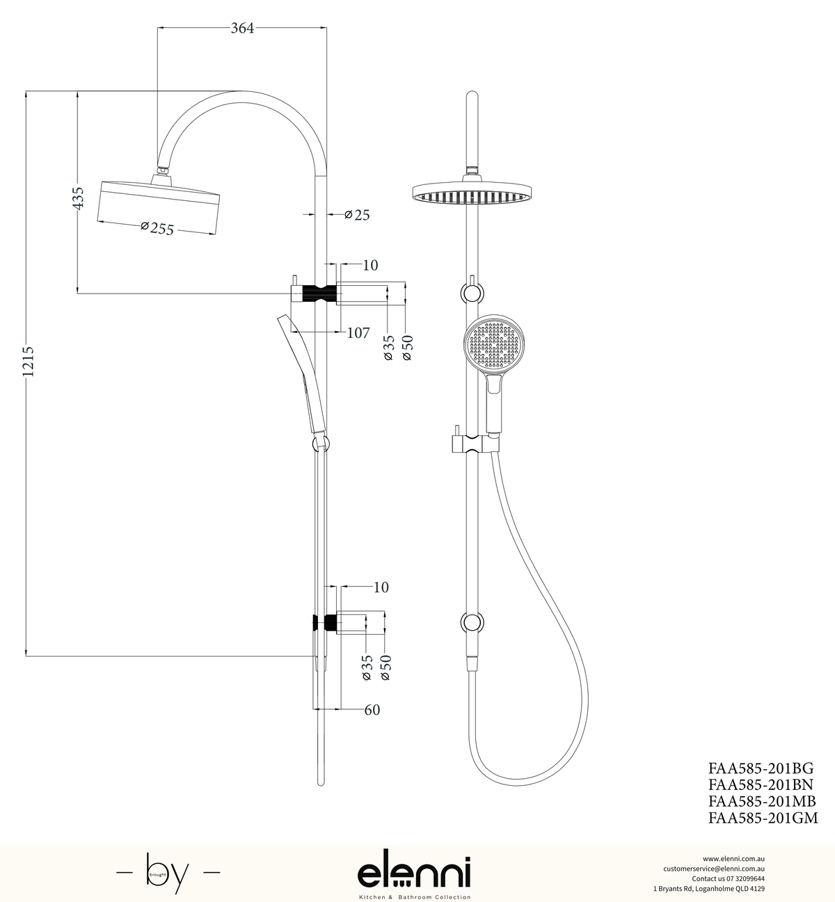 Linie Round Multi-Function Shower Set 250mm - Elenni specification drawing
