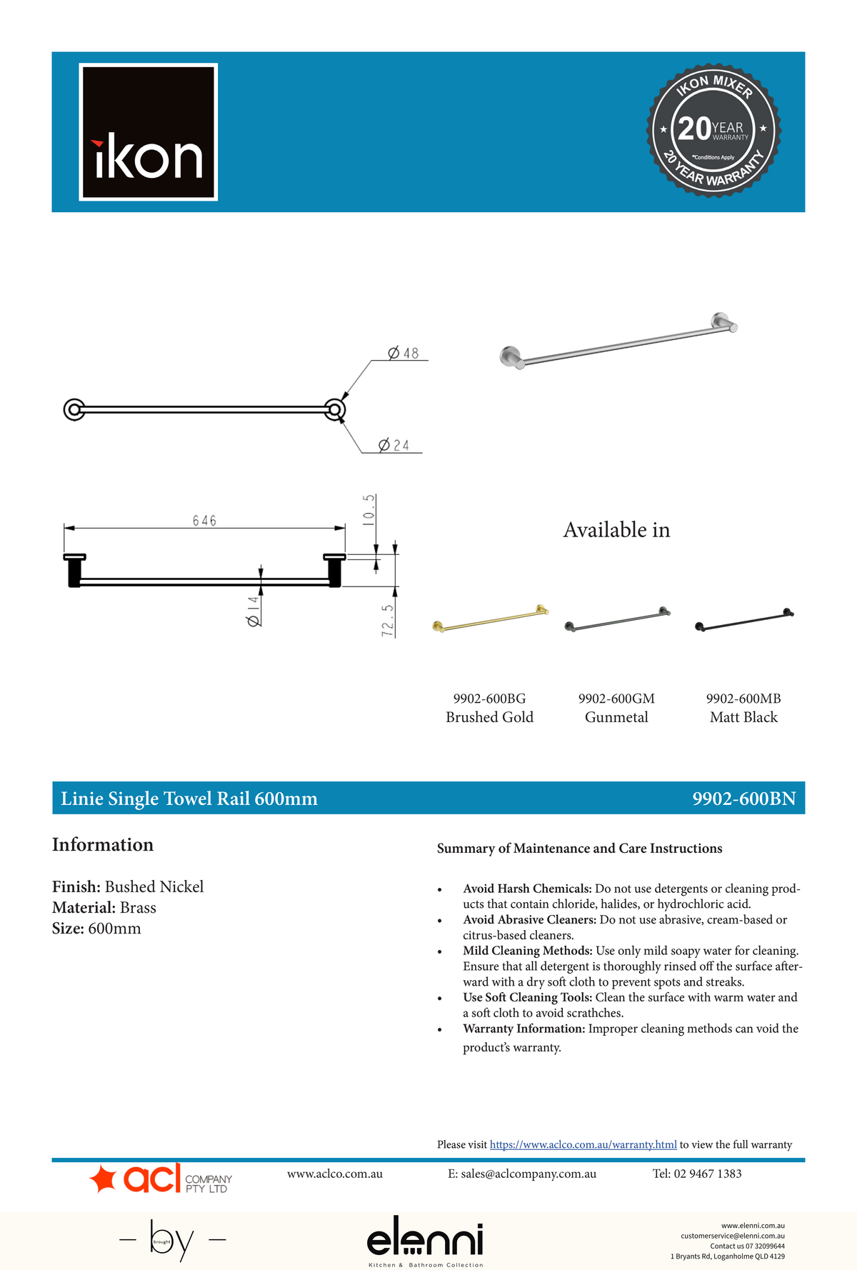Linie Single Towel Rail 600mm - Elenni specification drawing