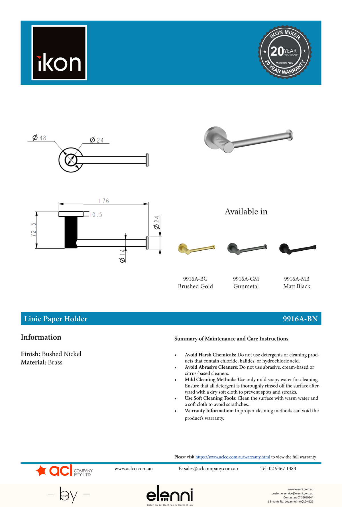 Linie Toilet Roll Holder - Elenni specification drawing