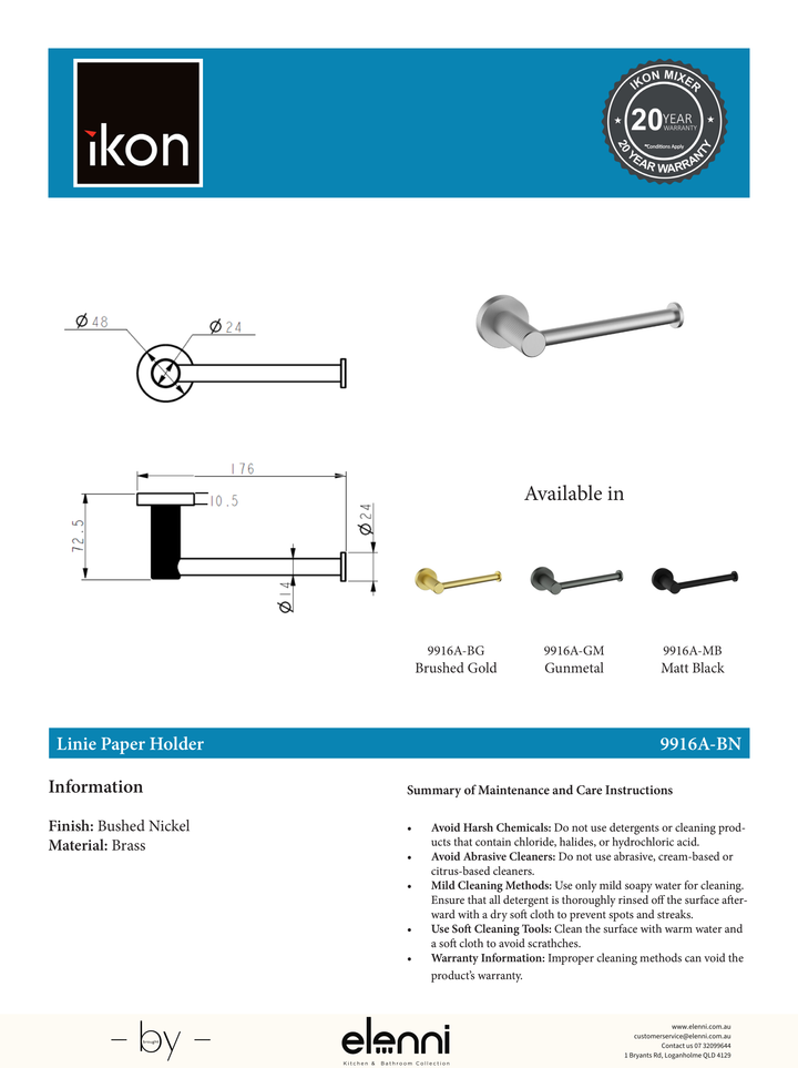 Linie Toilet Roll Holder - Elenni specification drawing