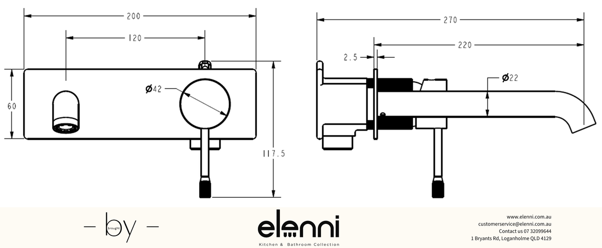 Linie Wall Basin Mixer Trim Kit 220mm Spout - Elenni specification drawing