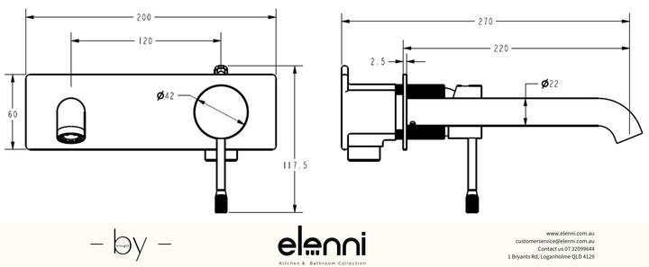 Linie Wall Basin Mixer Trim Kit 220mm Spout - Elenni specification drawing