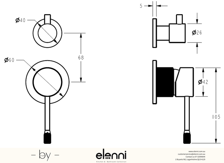 Linie Wall Diverter Mixer Trim Kit with Separate Cover Plate - Elenni specification drawing