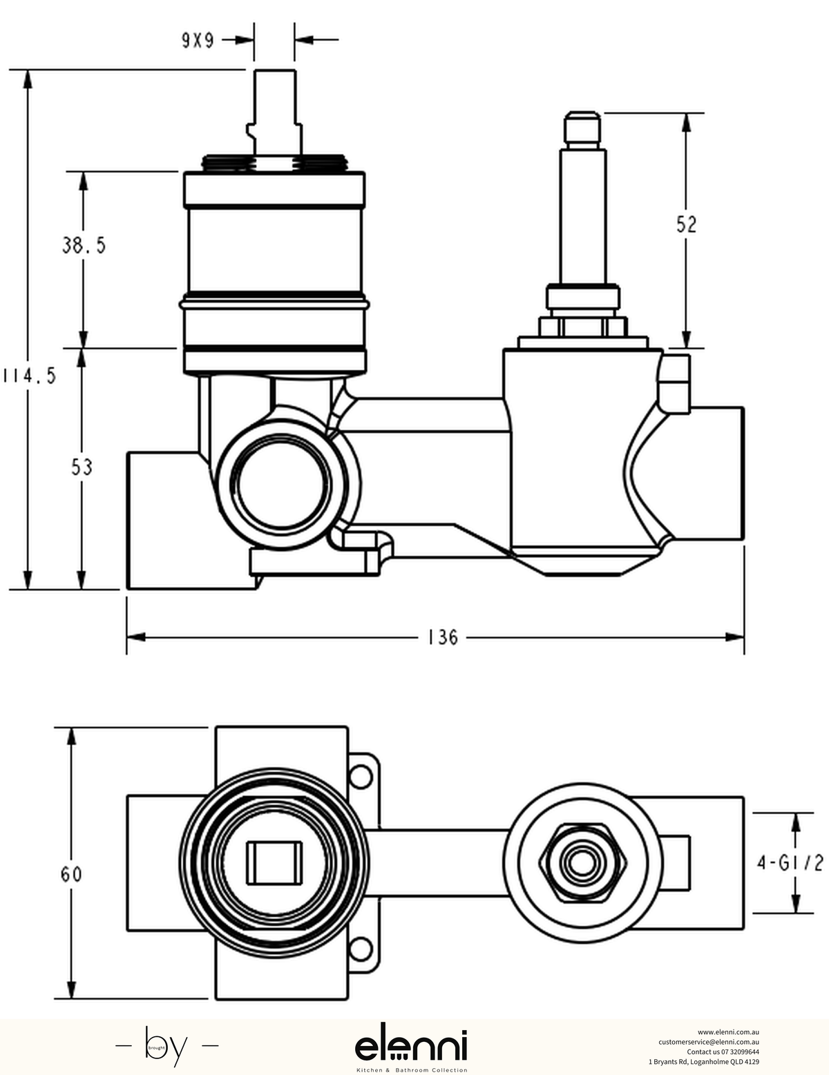 Linie Wall Mixer Diverter Body - Elenni specification drawing