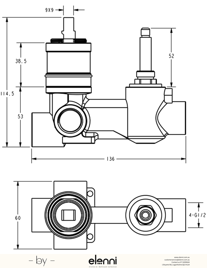 Linie Wall Mixer Diverter Body - Elenni specification drawing