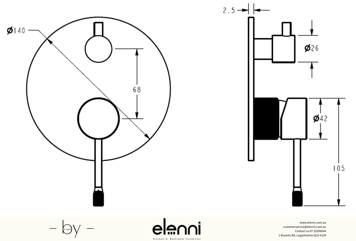 Linie Wall Mixer Diverter Trim Kit - Elenni specification drawing