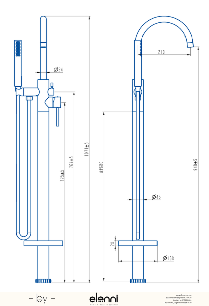 Otus Bath Mixer Freestanding - Elenni specification drawing