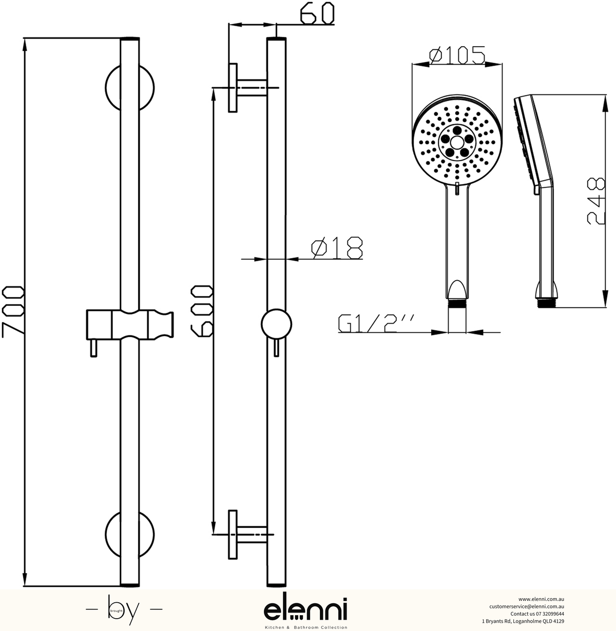Otus Rail Shower - Elenni specification drawing