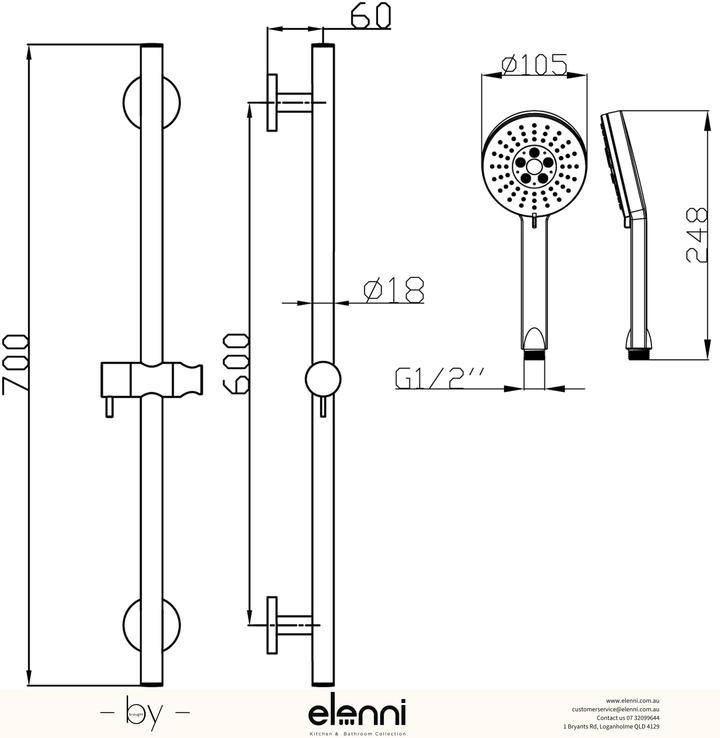 Otus Rail Shower - Elenni specification drawing