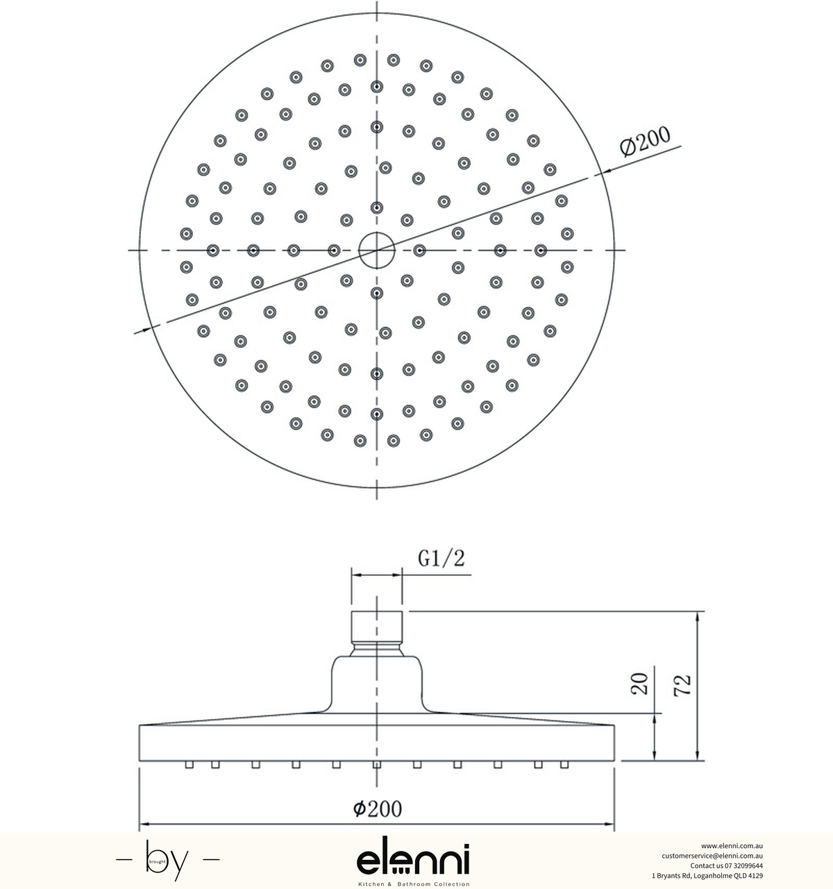 Otus Shower Head Round 200mm - Elenni specification drawing